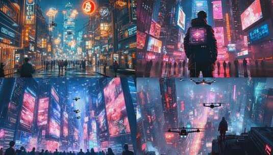 赛博朋克都市夜景繁华街道霓虹灯无人机穿梭高清在线视频素材下载