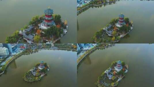 迎泽公园航拍湖心岛垂直下降高清在线视频素材下载