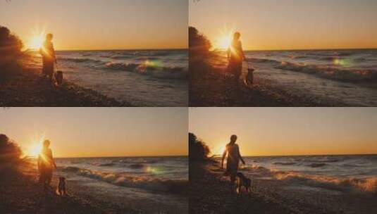 一个女人牵小狗在海滩散步的剪影高清在线视频素材下载
