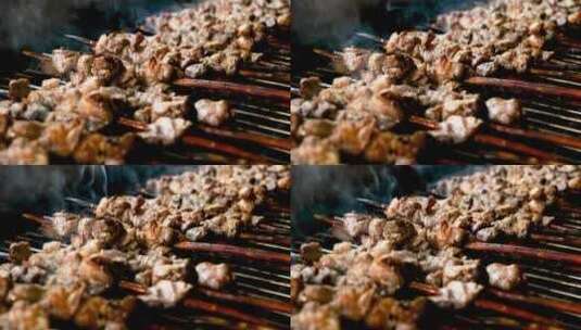 烤肉串升格拍摄慢镜头特写烟火气息高清在线视频素材下载