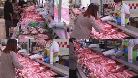 实拍超市买肉卖肉挑选猪肉高清在线视频素材下载
