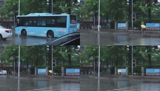 4K 下大雨 斑马线 车流 行人 雨天高清在线视频素材下载