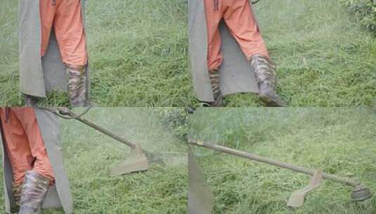 环卫工人使用除草机除草慢动作高清在线视频素材下载