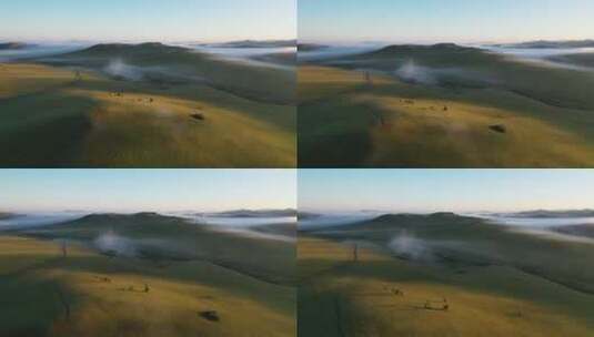 航拍 乌兰布统草原的晨雾 草原晨雾高清在线视频素材下载