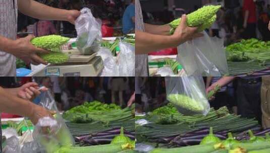 4K升格实拍菜市场买卖蔬菜的商贩高清在线视频素材下载