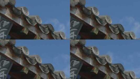 老建寺庙筑屋檐瓦片木方滴水天空云彩高清在线视频素材下载