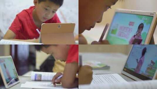 疫情期间在家上网课的小学生高清在线视频素材下载