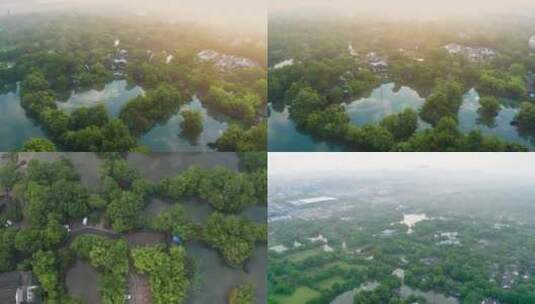 杭州西溪湿地初夏晨雾美景航拍合集高清在线视频素材下载