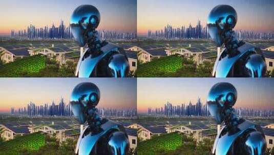 机器人眺望未来城市景观高清在线视频素材下载