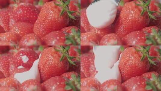 酸奶滴在草莓上高清在线视频素材下载