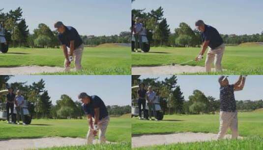 阳光明媚的一天，高加索老人在高尔夫球场的沙坑里打高尔夫球高清在线视频素材下载