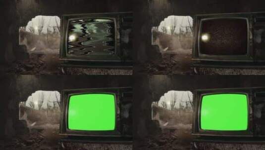 老式旧电视机在废弃的房子里打开绿屏。高清在线视频素材下载
