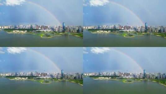 海南海口雨过天晴，航拍城市上空双彩虹高清在线视频素材下载