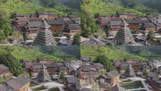 航拍贵州堂安侗寨侗族古村落建筑大气景色高清在线视频素材下载