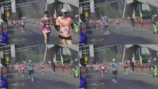 马拉松比赛中冒雨奔跑的运动员高清在线视频素材下载