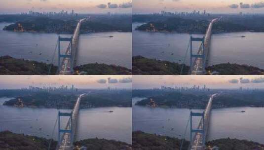 日落时的伊斯坦布尔博斯普鲁斯海峡大桥，配有汽车交通灯和城市天际线，空中超高速摄影高清在线视频素材下载