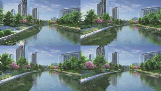 沿江沿河建筑公园绿化动画素材高清在线视频素材下载