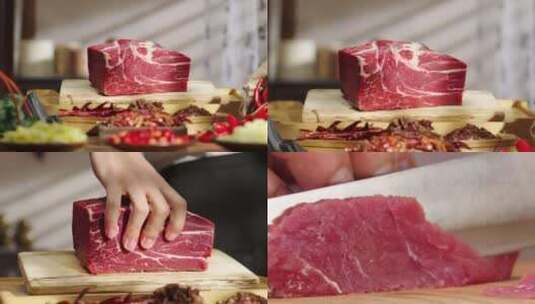 牛肉 黄牛肉微景观 牛肉掉落升格 切牛肉高清在线视频素材下载