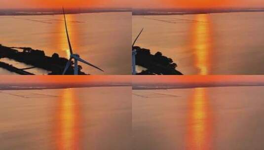 航拍高邮湖边风力发电夕阳晚霞堤岸鱼塘飞鸟高清在线视频素材下载