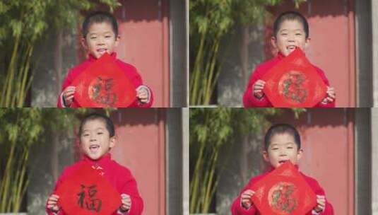 中国人母子家门口拜年新年快乐高清在线视频素材下载