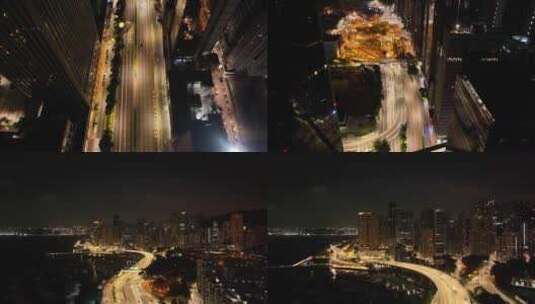香港湾仔区写字楼夜景航拍高清在线视频素材下载