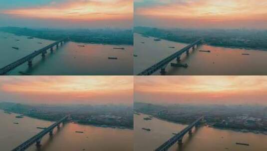 南京长江大桥日出晨曦航拍延时摄影高清在线视频素材下载