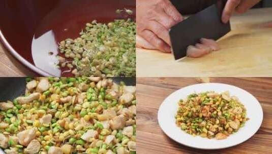 中国家庭小炒鸡丁炒小豆芽烹饪过程高清在线视频素材下载
