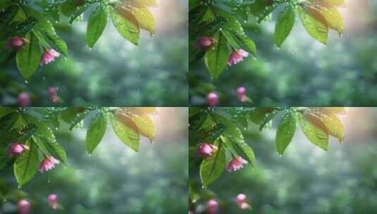 春雨，雨水雨滴落在绿色的树叶上高清在线视频素材下载