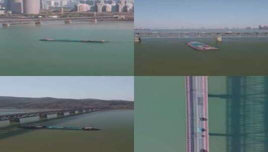 竖屏杭州钱塘江大桥船舶车流合集高清在线视频素材下载