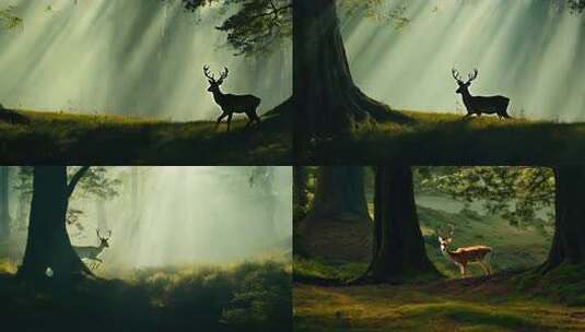 古木参天 阴翳蔽日 小鹿徜徉 林间幽静高清在线视频素材下载