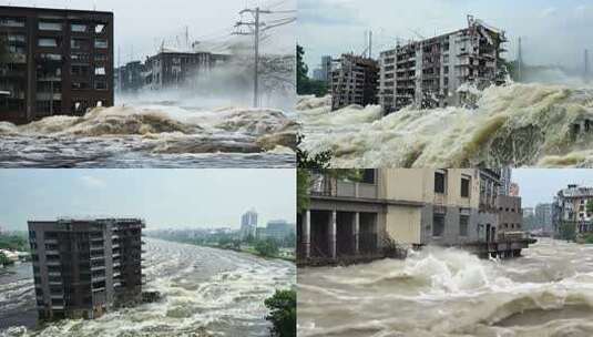 洪水冲击老旧建筑的震撼场景高清在线视频素材下载