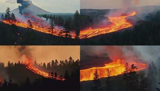 火山喷发，岩浆流淌于山林间的景象高清在线视频素材下载