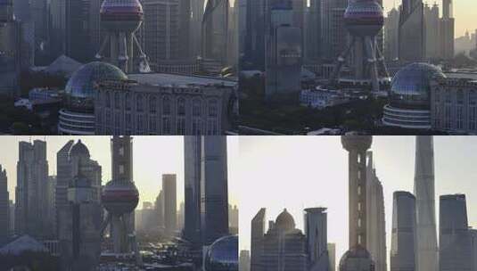 航拍上海陆家嘴建筑特写日出丁达尔效应高清在线视频素材下载