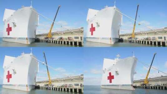 美国海军医院船仁慈号在码头装载货物来抗击冠状病毒高清在线视频素材下载