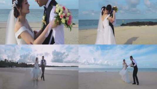 海边恋人穿婚纱甜蜜浪漫奔跑拥抱亲吻高清在线视频素材下载