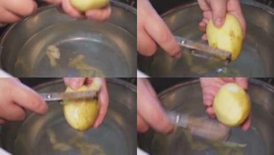 主妇做饭洗土豆切土豆片削土豆皮高清在线视频素材下载
