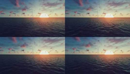 日落时分在大海中航行的3D帆船高清在线视频素材下载