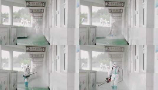 工作人员用雾化机在学校内进行消杀作业高清在线视频素材下载