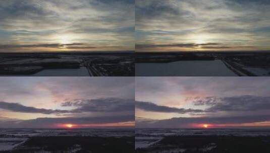 冬季平原傍晚黄昏落日夕阳航拍高清在线视频素材下载