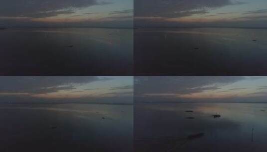 苏州阳澄湖航拍清晨湖面渔船高清在线视频素材下载