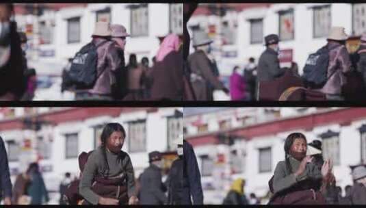 西藏拉萨冬日早晨八廓街大昭寺藏族朝拜人群高清在线视频素材下载