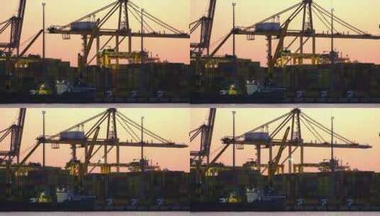 夕阳下的码头工作场景高清在线视频素材下载