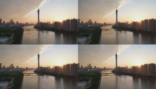 广州塔珠江新城猎德大桥阳光延时航拍朝阳高清在线视频素材下载