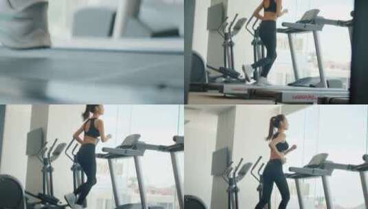 女人跑步机上跑步减肥瑜伽裤健身衣高清在线视频素材下载