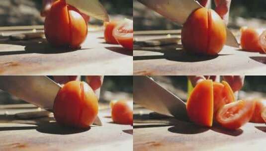 刀切西红柿的慢镜头特写高清在线视频素材下载