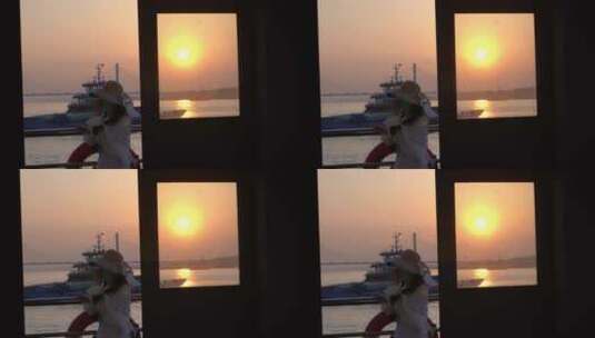 汽渡轮船傍晚夕阳落日过江航行高清在线视频素材下载