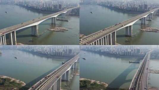 重庆鱼洞长江大桥船舶穿过桥梁航拍高清在线视频素材下载