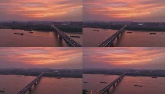 航拍南京长江大桥日落晚霞车流高清在线视频素材下载
