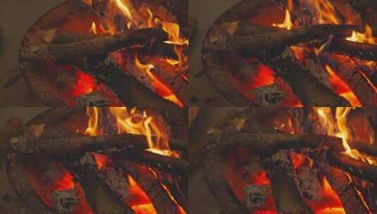 燃烧的火焰火堆木材木炭慢高清在线视频素材下载