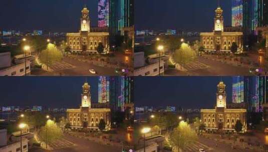航拍武汉城市地标历史建筑江汉关钟楼夜景高清在线视频素材下载
